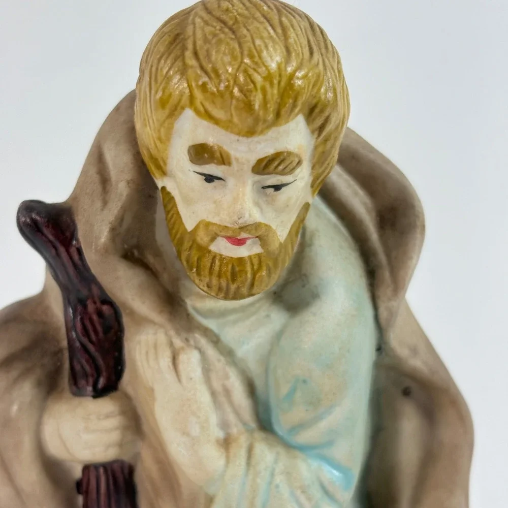 Saint Joseph Nativity Figurine Brown Blue Ceramic Standing with Staff
